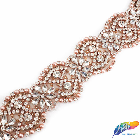1 3/4 Rose Gold Pearl Beaded Crystal Rhinestone Trim (sold by